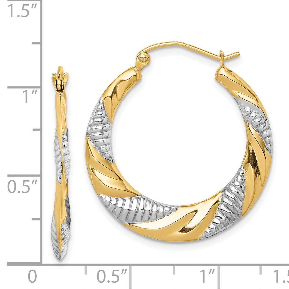 14k Yellow & Rhodium 26.9 mm  Textured Stamped Hoop Earrings (1.23 grams)