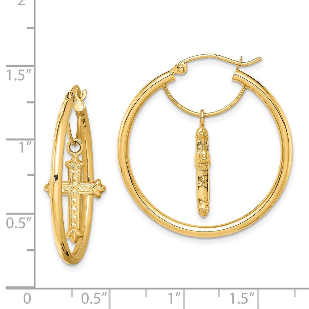 14k Yellow Gold 29.85 mm with D/C Cross Dangle Hoop Earrings