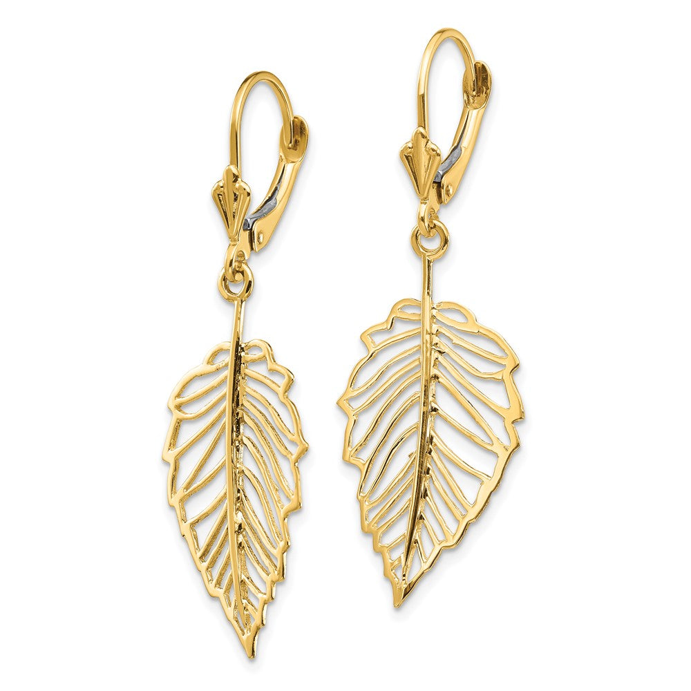 14k Yellow Gold 13.85 mm Polished Leaf Leverback Earrings (2.56 grams)