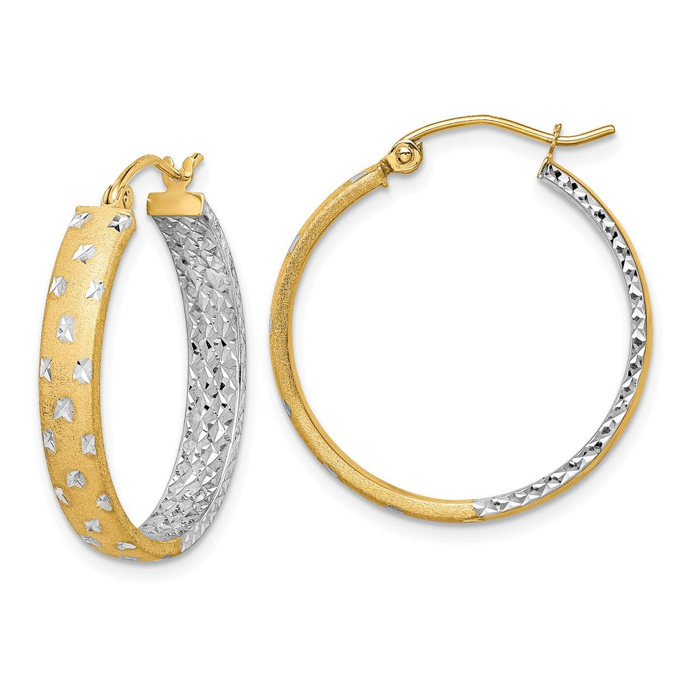 14k Yellow & Rhodium 4 mm  Polished Satin Diamond-cut In/Out Hoop Earrings (2.28 grams)