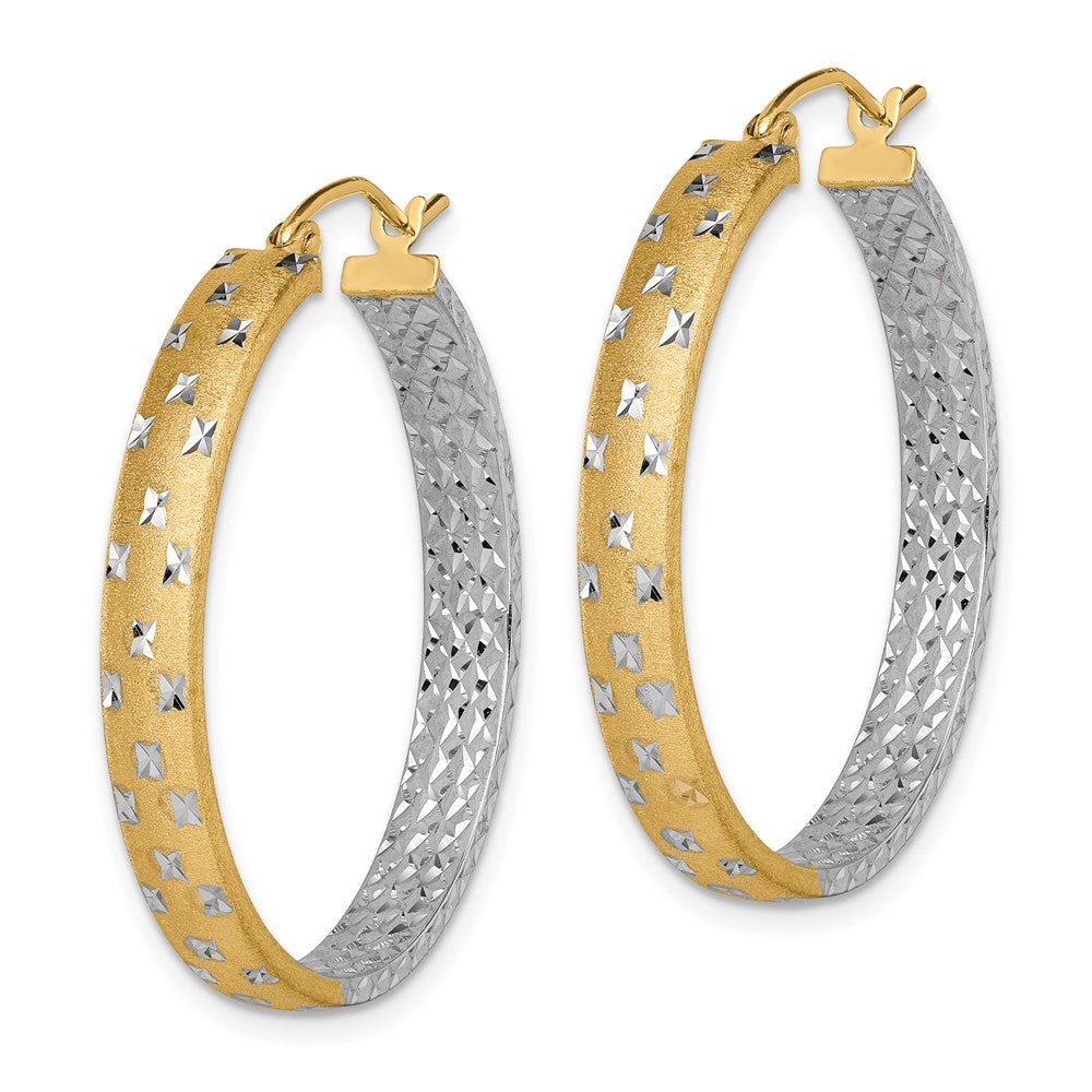 14k Yellow & Rhodium 4 mm  Polished Satin Diamond-cut In/Out Hoop Earrings (2.81 grams)