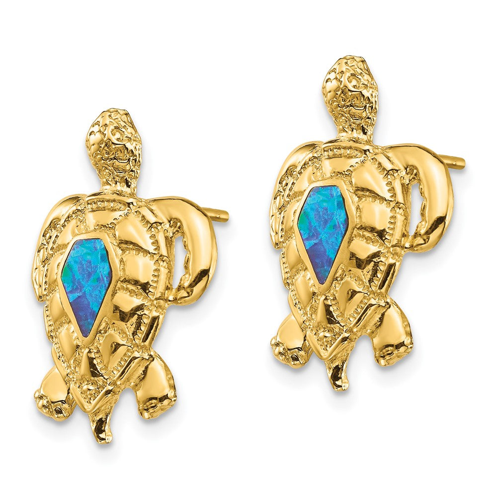 14k Yellow Gold 13.93 mm Created Opal Turtle Post Earrings (3.35 grams)