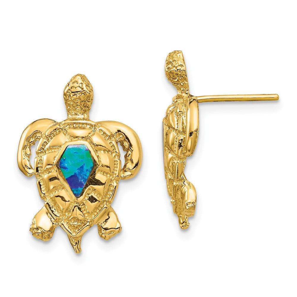 14k Yellow Gold 13.93 mm Created Opal Turtle Post Earrings (3.35 grams)