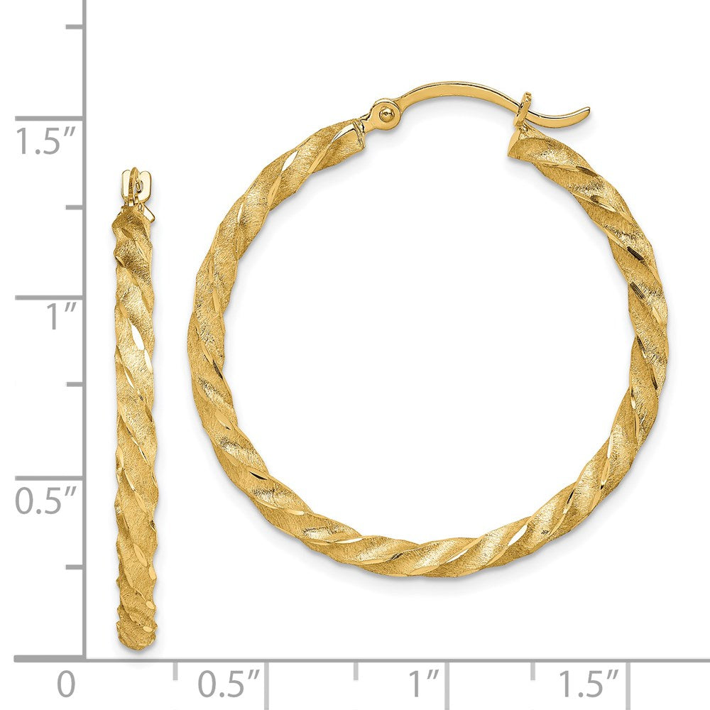 14k Yellow Gold 32.25 mm Twisted Satin Diamond-Cut Hoop Earrings (2.27 grams)