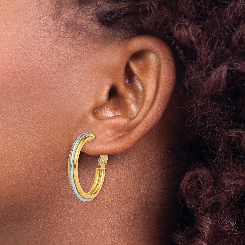 14k Two-tone 28 mm Polished Omega Back Hoop Earrings (4.39 grams)