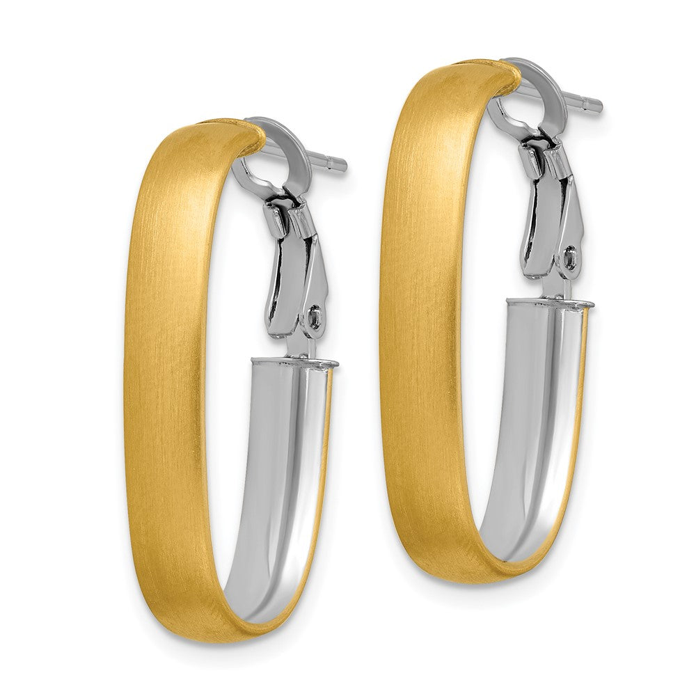 14k Yellow & Rhodium 15.7 mm  Polished and Satin Oval Omega Back Hoop Earrings