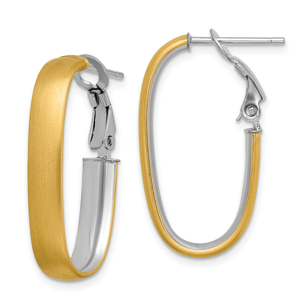 14k Yellow & Rhodium 15.7 mm  Polished and Satin Oval Omega Back Hoop Earrings