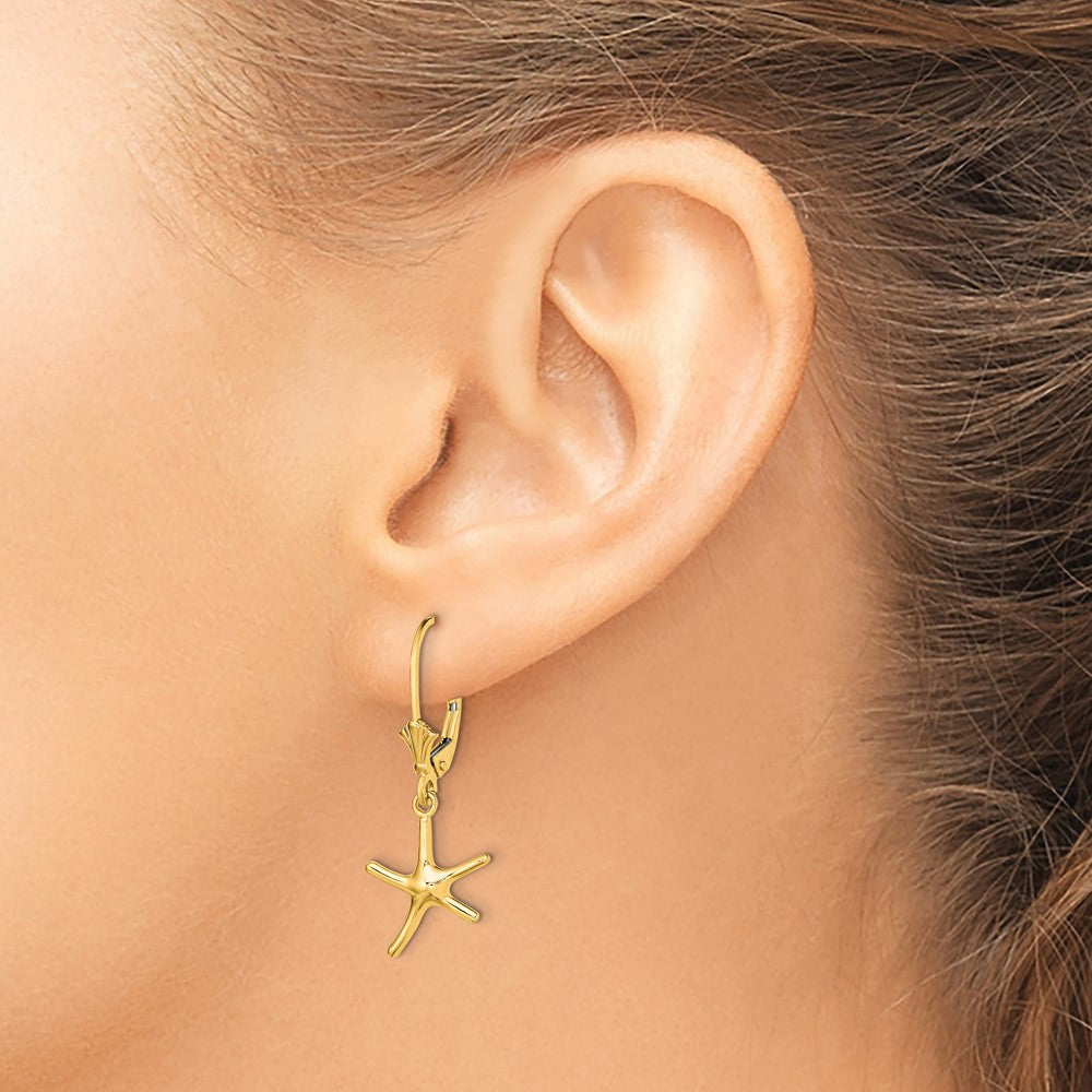 14k Yellow Gold 10.6 mm Mini Dancing Starfish Leverback Earrings (1.16 grams)