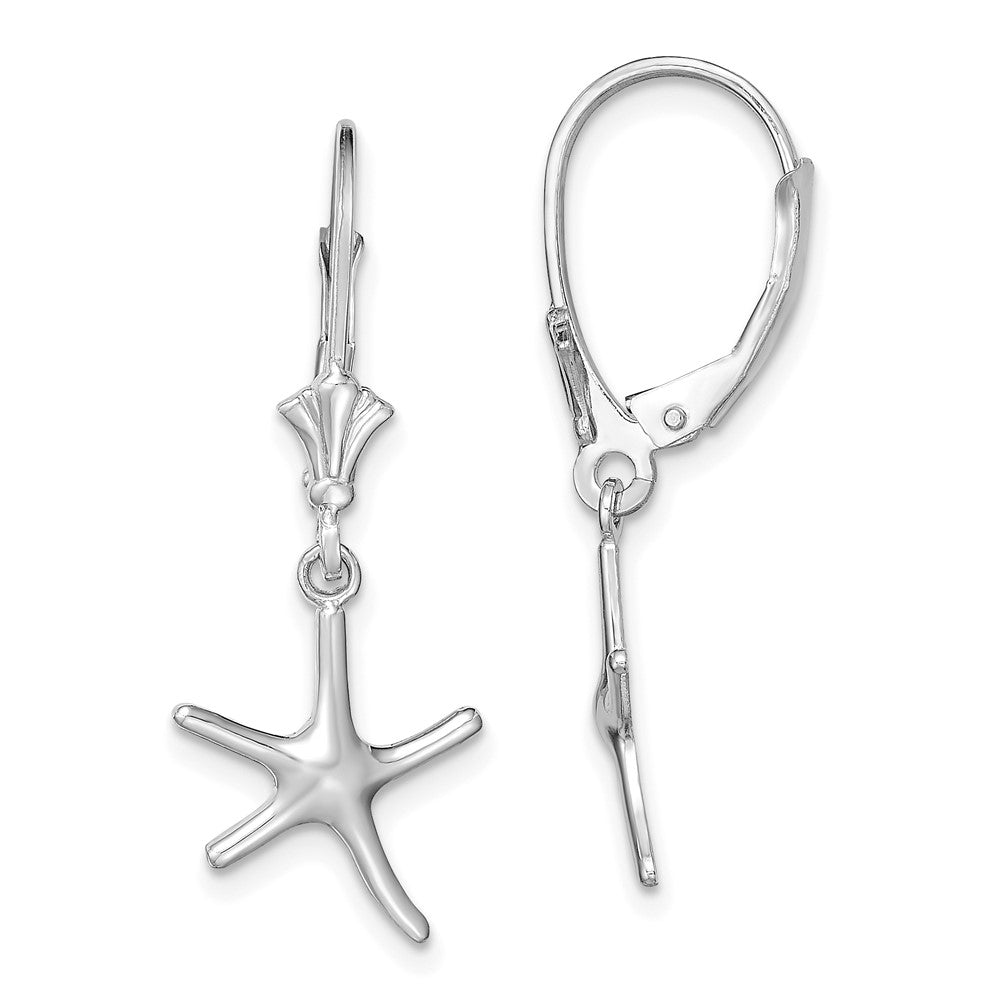 14k White Gold 11.05 mm  3-D Mini Starfish Leverback Earrings (1.29 grams)