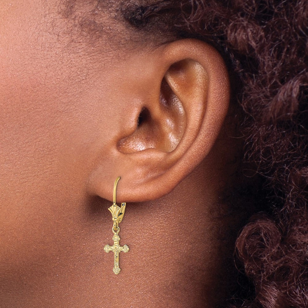 14k Yellow Gold 9 mm Crucifix Leverback Earrings (1.12 grams)