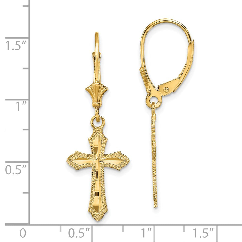 14k Yellow Gold 11.8 mm D/C Cross w/ Beaded Edge Leverback Earrings (1.55 grams)