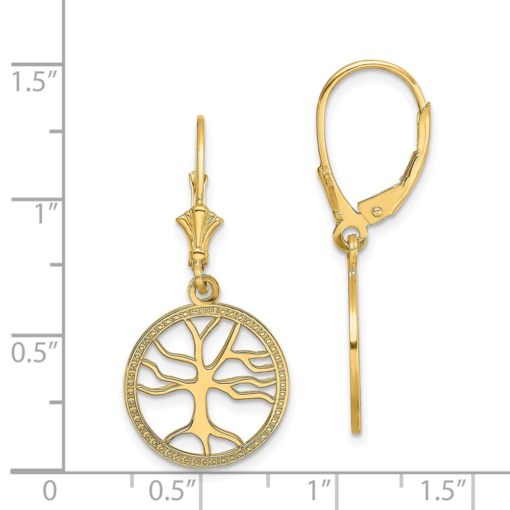 14k Yellow Gold 15 mm Tree of Life In Round Frame Leverback Earrings (2.21 grams)