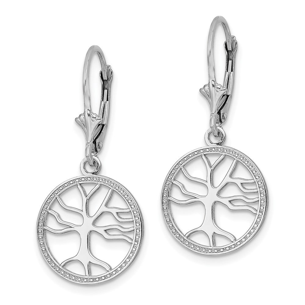 14k White Gold 15 mm  Tree of Life In Round Frame Leverback Earrings (2.2 grams)