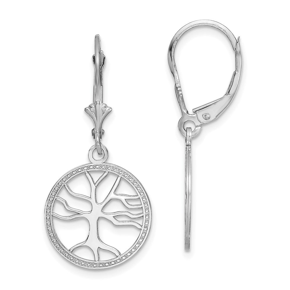 14k White Gold 15 mm  Tree of Life In Round Frame Leverback Earrings (2.2 grams)