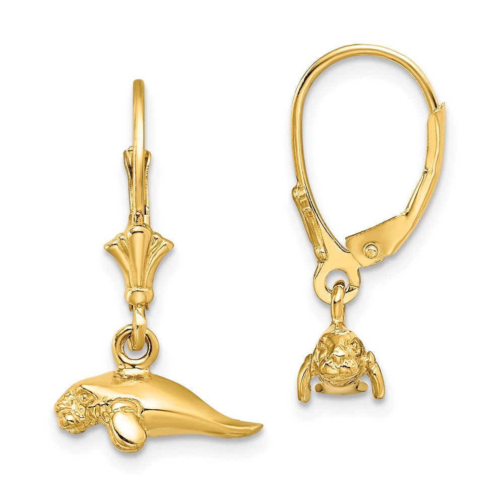 14k Yellow Gold 12.75 mm 3-D Polished Mini Manatee Leverback Earrings (2.69 grams)