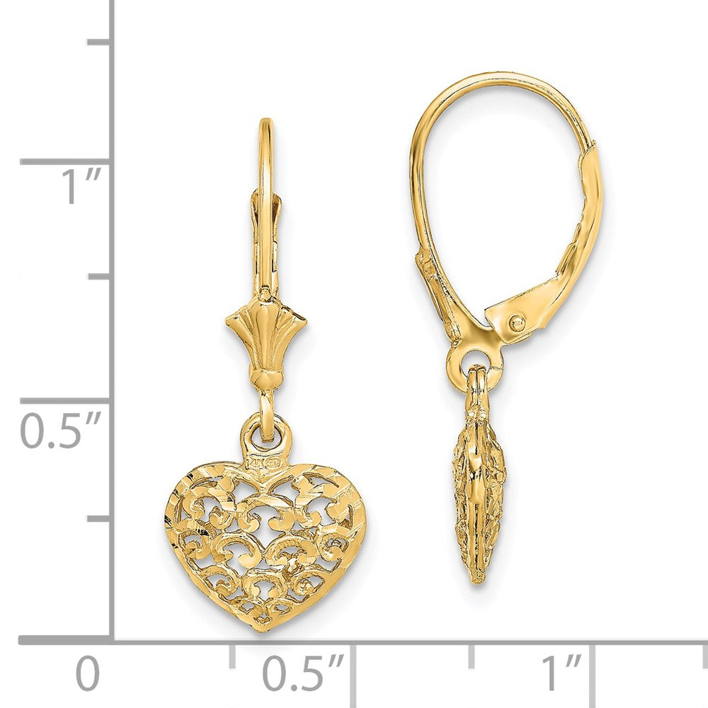 14k Yellow Gold 21.2 mm Diamond-cut Mini Puffed Heart Leverback Earrings (1.86 grams)