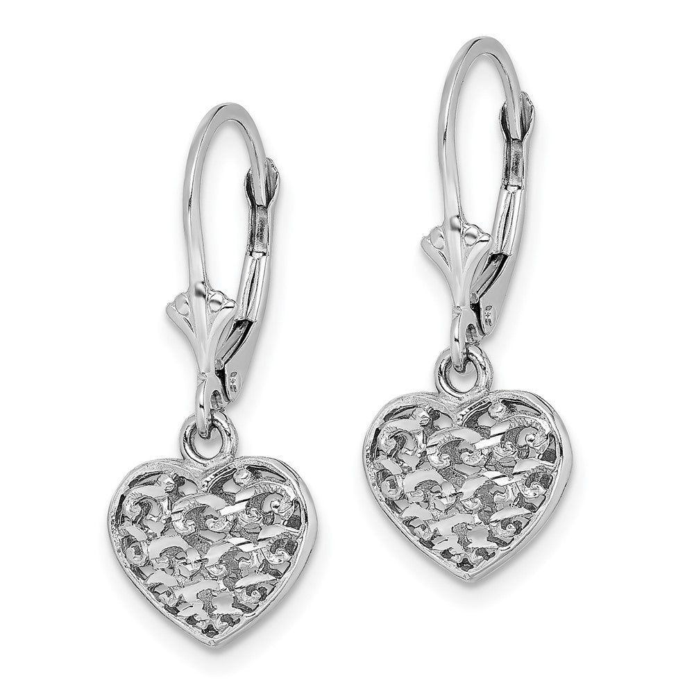 14k White Gold 10.7 mm  3-D Mini D/C Puffed Heart Leverback Earrings (2 grams)