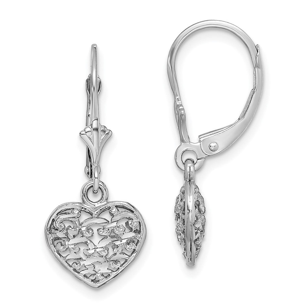 14k White Gold 10.7 mm  3-D Mini D/C Puffed Heart Leverback Earrings (2 grams)