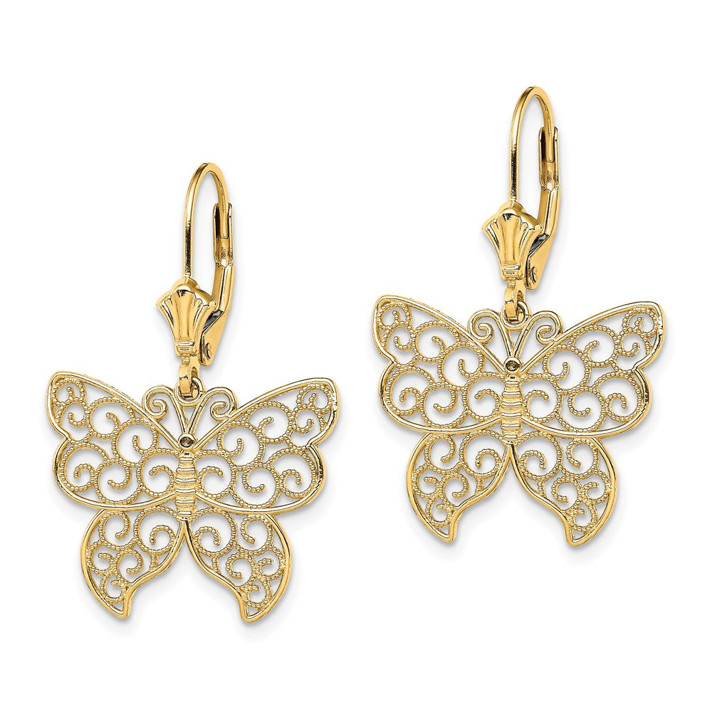 14k Yellow Gold 20.3 mm Butterfly w/ Beaded Filigree Wings Leverback Earrings (2.54 grams)