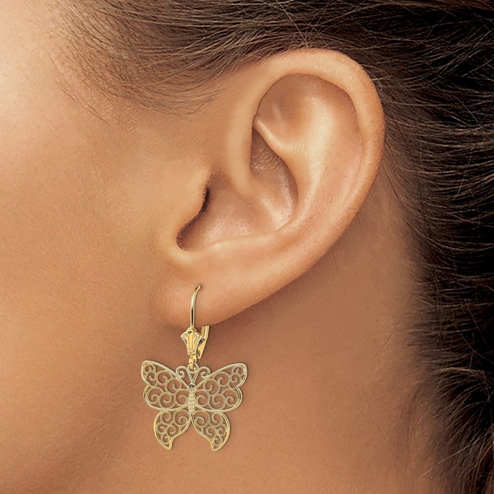 14k Yellow Gold 20.3 mm Butterfly w/ Beaded Filigree Wings Leverback Earrings (2.54 grams)