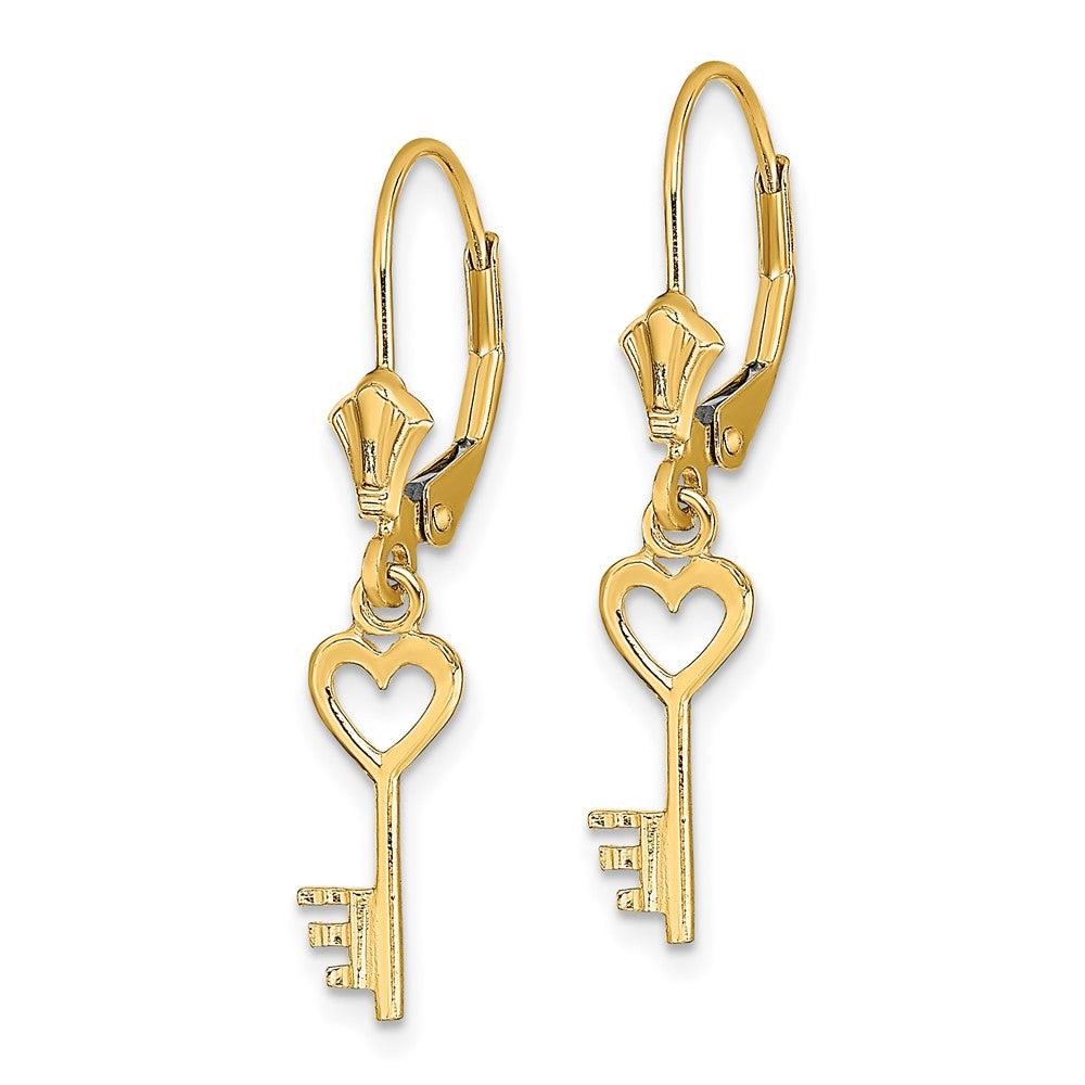 14k Yellow Gold 4.3 mm Polished Heart Key Leverback Earrings (1.09 grams)