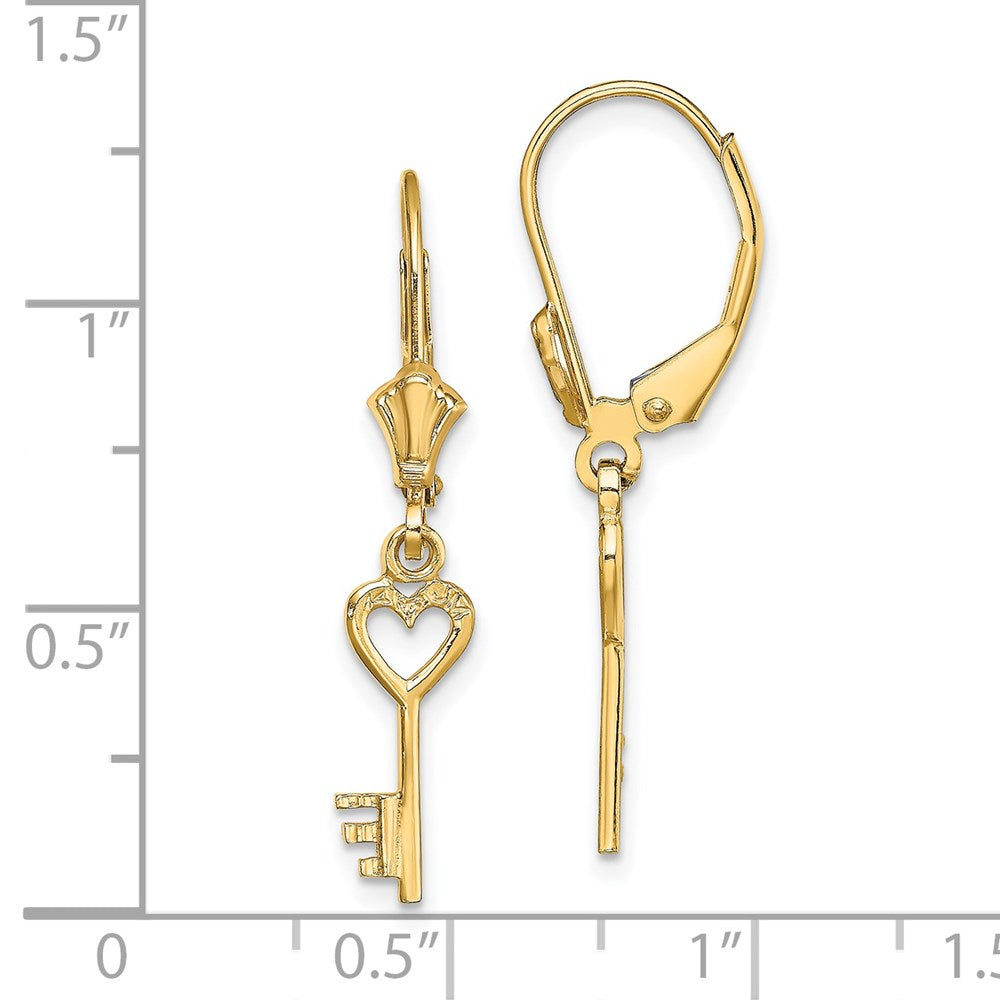 14k Yellow Gold 4.3 mm Polished Heart Key Leverback Earrings (1.09 grams)