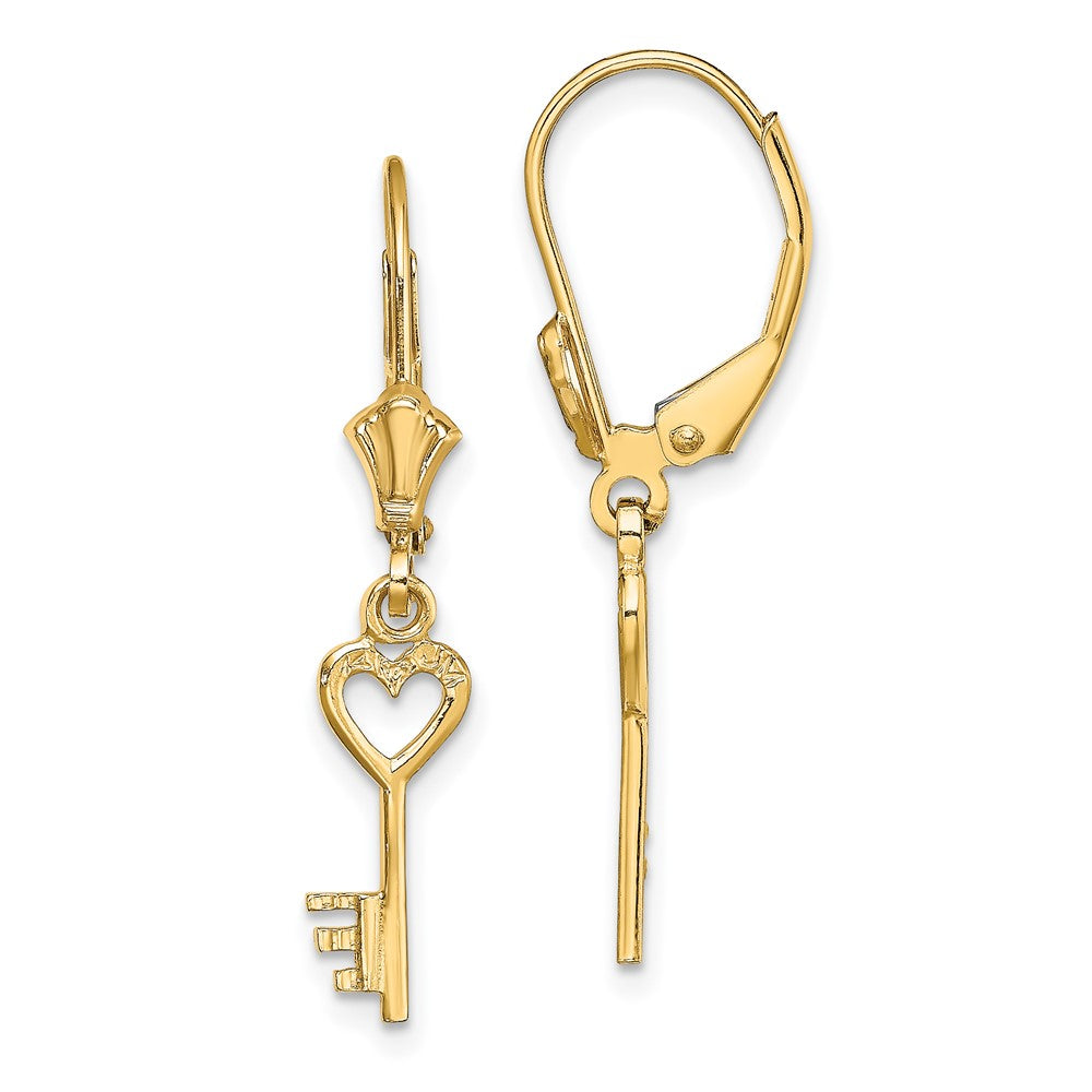 14k Yellow Gold 4.3 mm Polished Heart Key Leverback Earrings (1.09 grams)