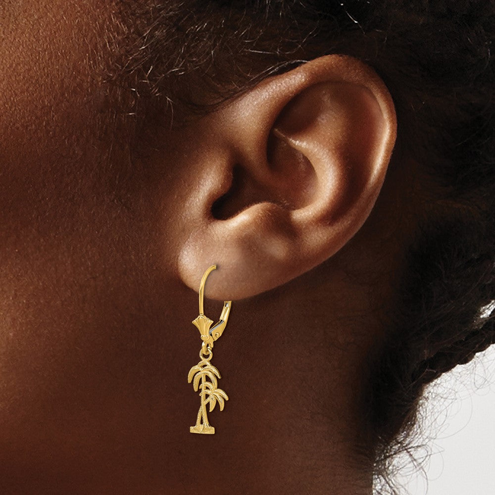 14k Yellow Gold 12.6 mm Palm Tree Leverback Earrings (1.48 grams)