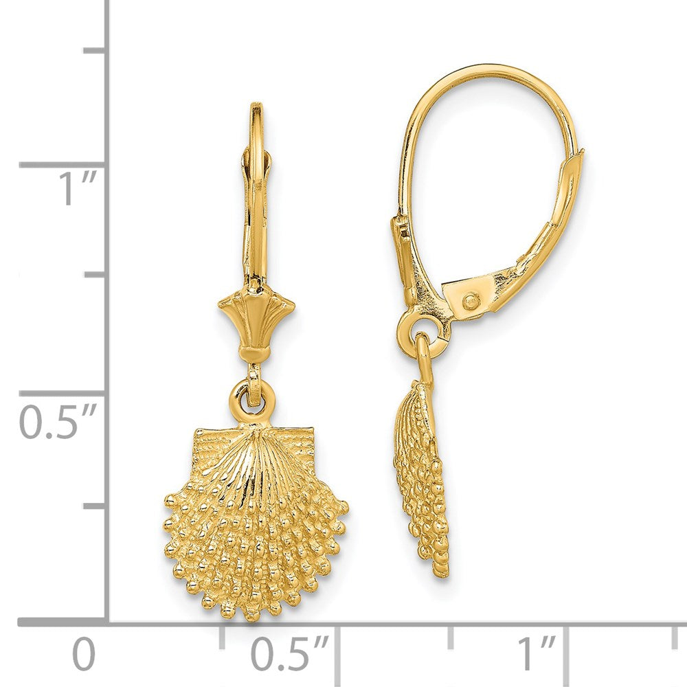 14k Yellow Gold 11 mm 2-D Beaded Scallop Shell Leverback Earrings (1.98 grams)