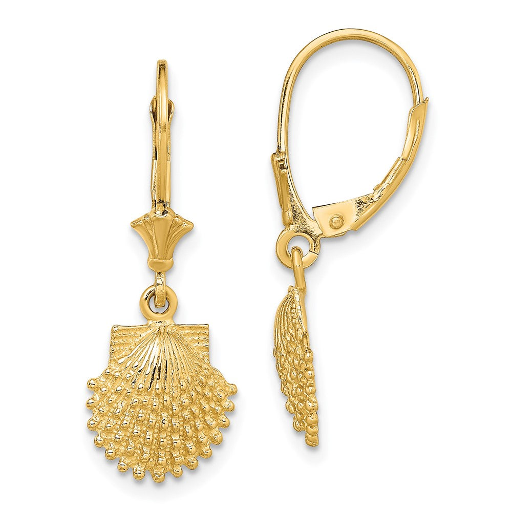 14k Yellow Gold 11 mm 2-D Beaded Scallop Shell Leverback Earrings (1.98 grams)