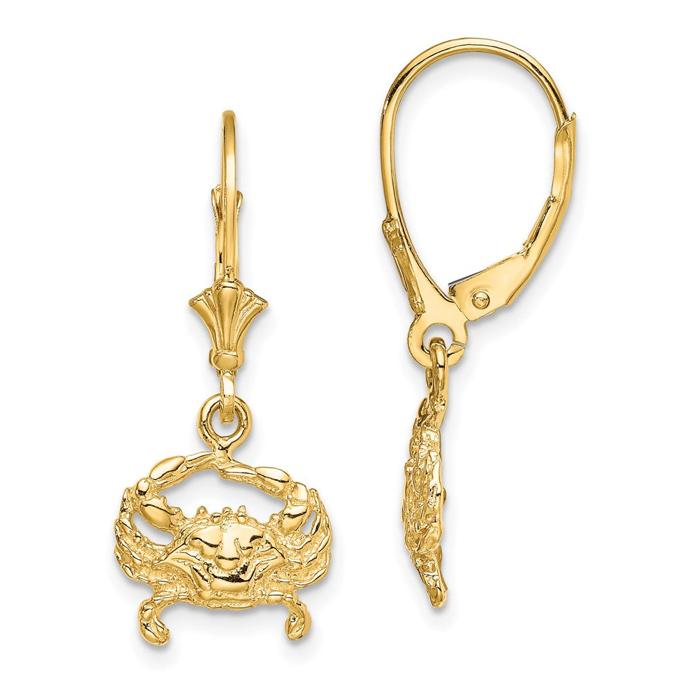 14k Yellow Gold 11.6 mm 2-D Blue Crab Leverback Earrings (2.19 grams)