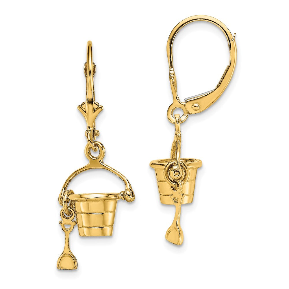 14k Yellow Gold 11.15 mm 3-D Beach Bucket w/ Shovel Leverback Earrings (3.45 grams)