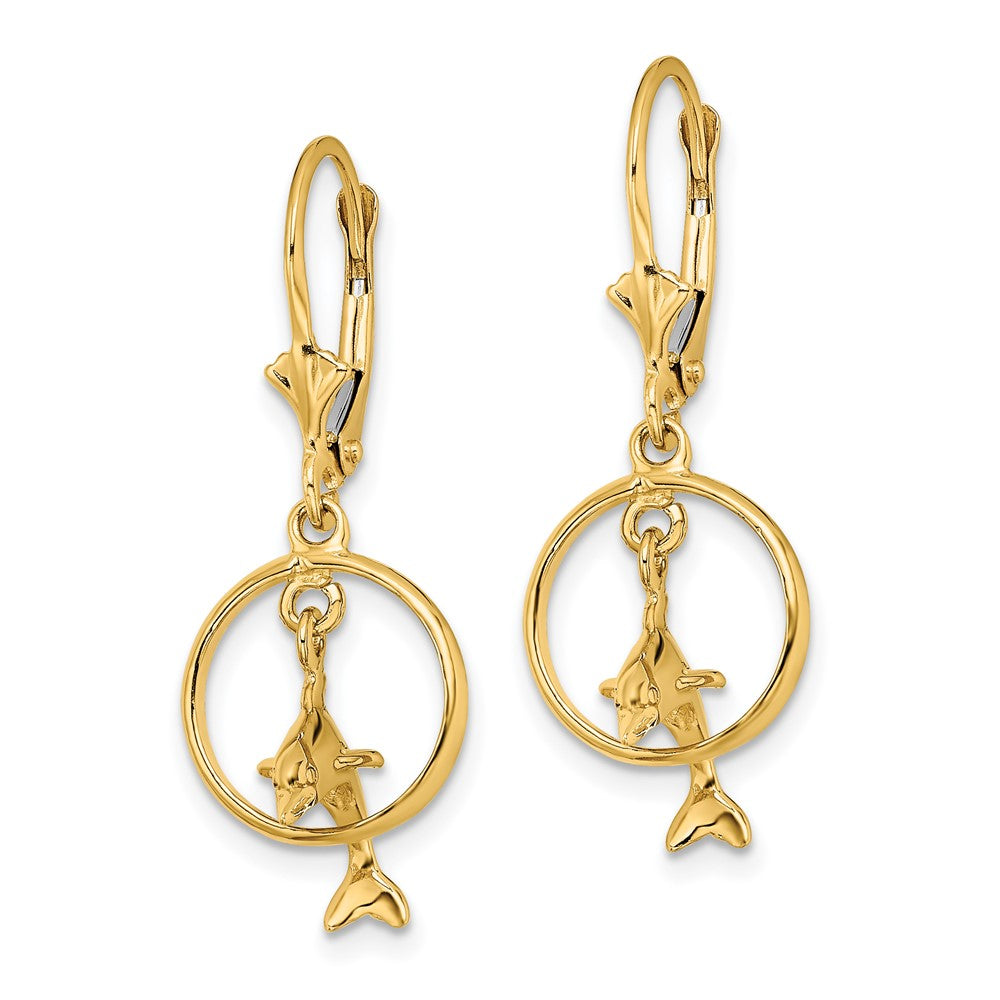 14k Yellow Gold 12 mm 3-D Dolphin Jumping Through Hoop Leverback Earrings (2.97 grams)