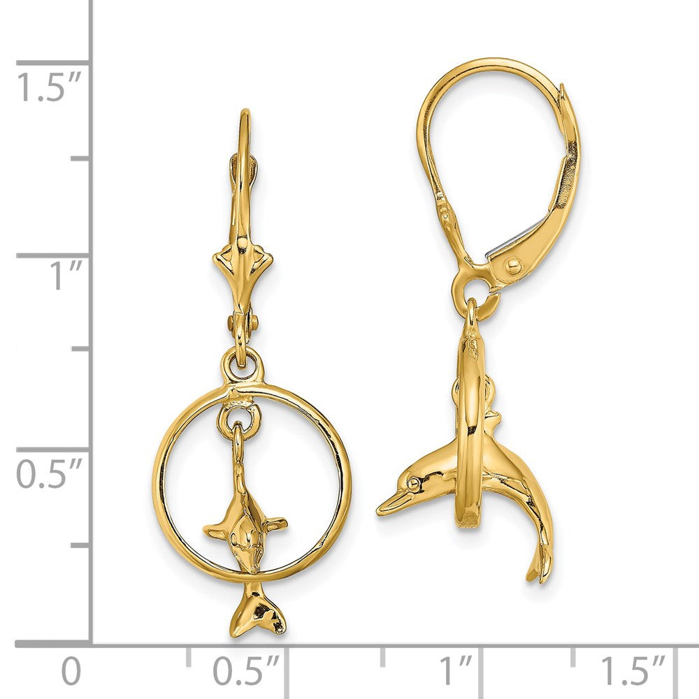 14k Yellow Gold 12 mm 3-D Dolphin Jumping Through Hoop Leverback Earrings (2.97 grams)