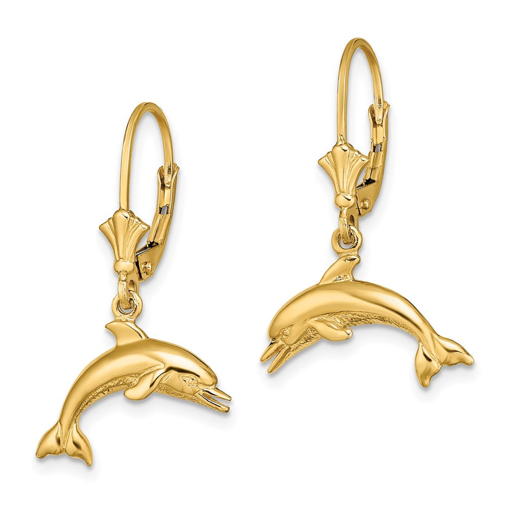 14k Yellow Gold 16.2 mm Jumping Dolphin Leverback Earrings (1.9 grams)