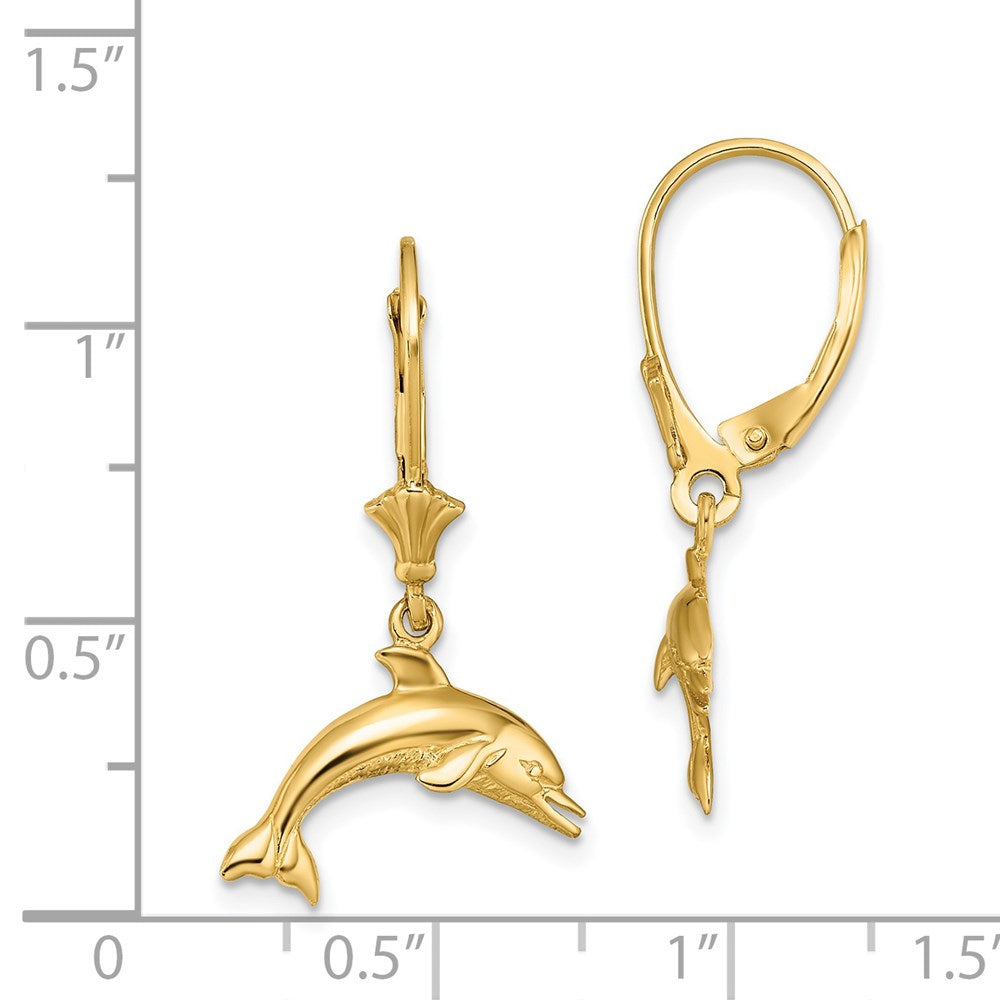 14k Yellow Gold 16.2 mm Jumping Dolphin Leverback Earrings (1.9 grams)