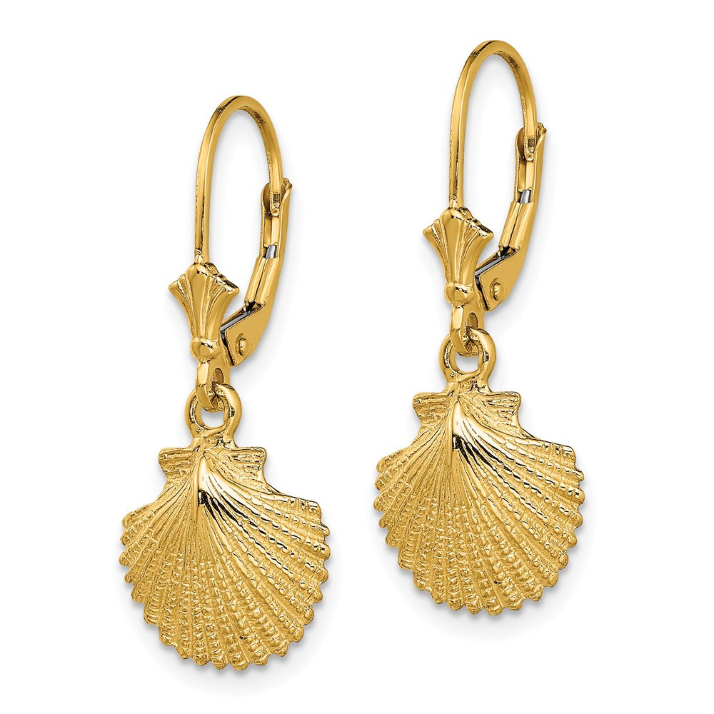 14k Yellow Gold 12.4 mm 2-D and Textured Scallop Shell Leverback Earrings (2.8 grams)