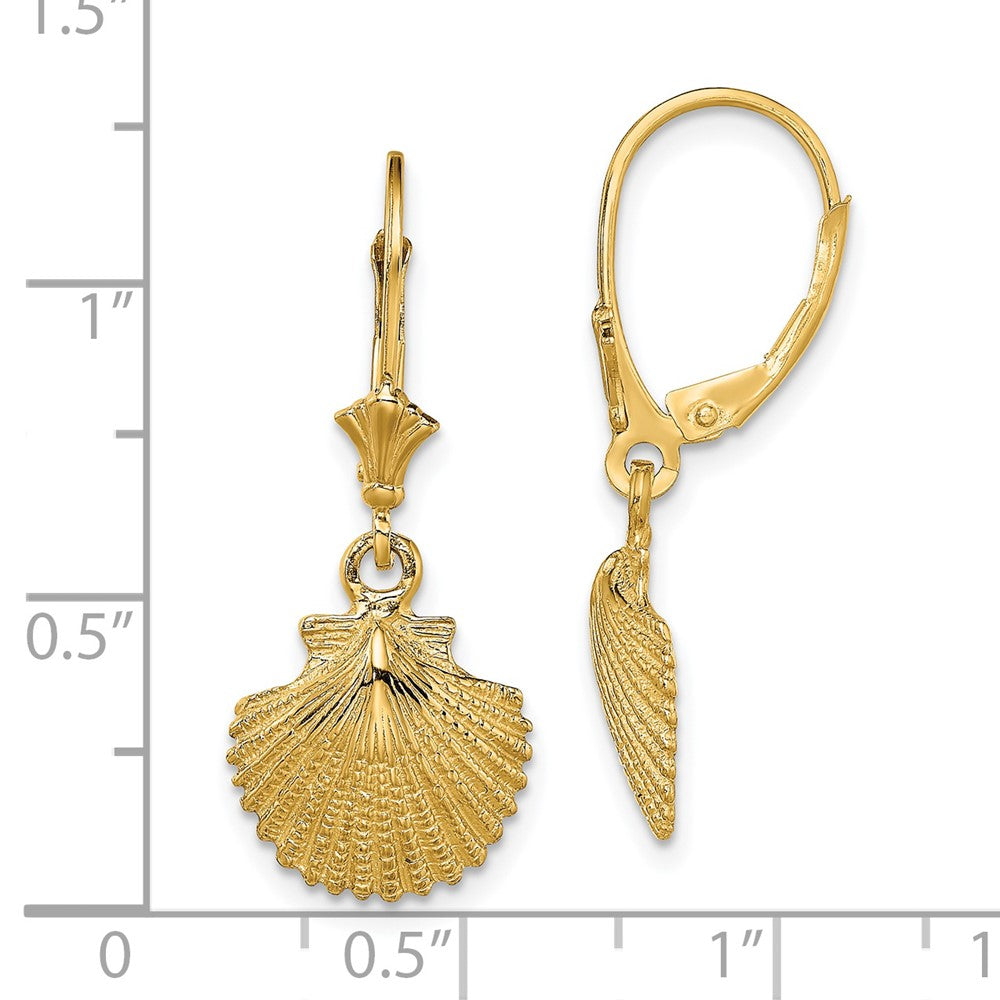 14k Yellow Gold 12.4 mm 2-D and Textured Scallop Shell Leverback Earrings (2.8 grams)