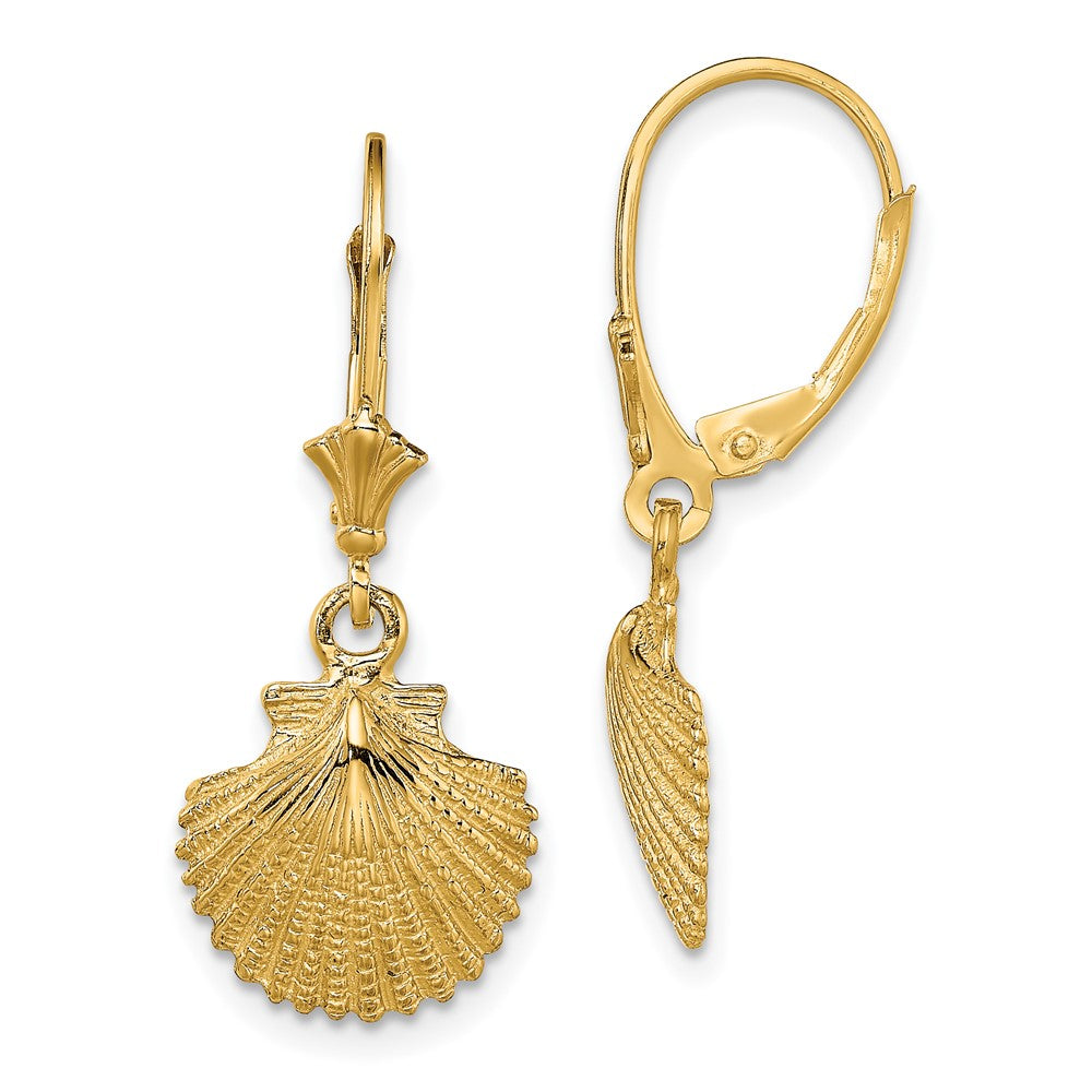 14k Yellow Gold 12.4 mm 2-D and Textured Scallop Shell Leverback Earrings (2.8 grams)