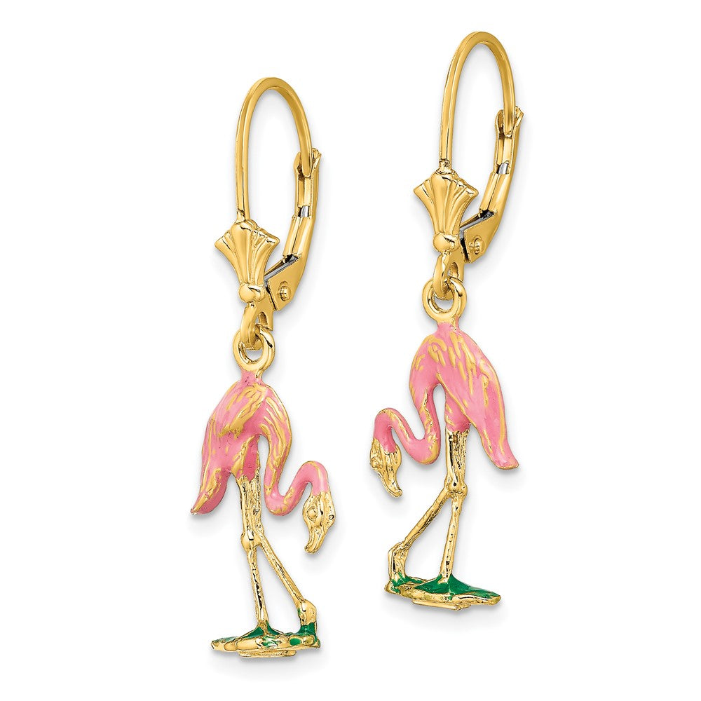 14k Yellow Gold 11.2 mm W/ Enamel 3-D Flamingo Leverback Earrings (2.7 grams)