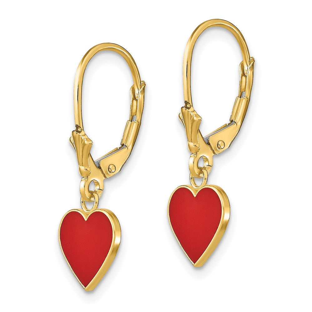 14k Yellow Gold 9 mm Polished Enameled Heart Dangle Leverback Earrings (1.44 grams)