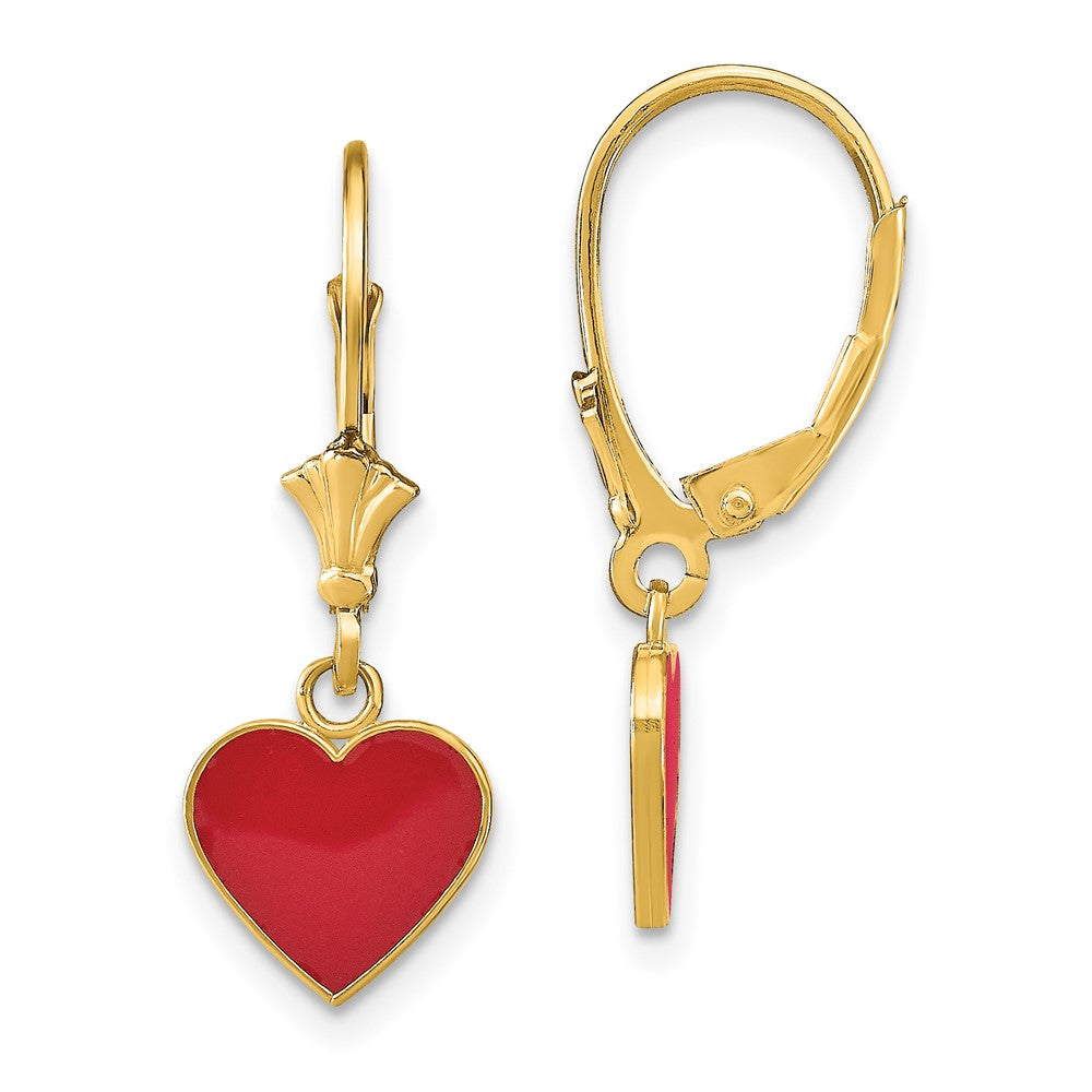 14k Yellow Gold 9 mm Polished Enameled Heart Dangle Leverback Earrings (1.44 grams)