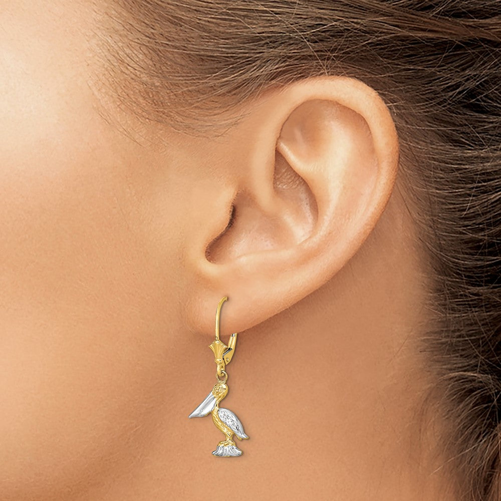 14k Yellow & Rhodium 13.55 mm  3-D Pelican Standing W/ Leverback Earrings (3.23 grams)