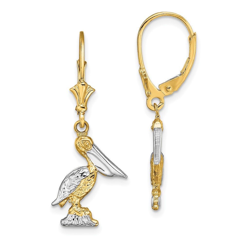 14k Yellow & Rhodium 13.55 mm  3-D Pelican Standing W/ Leverback Earrings (3.23 grams)