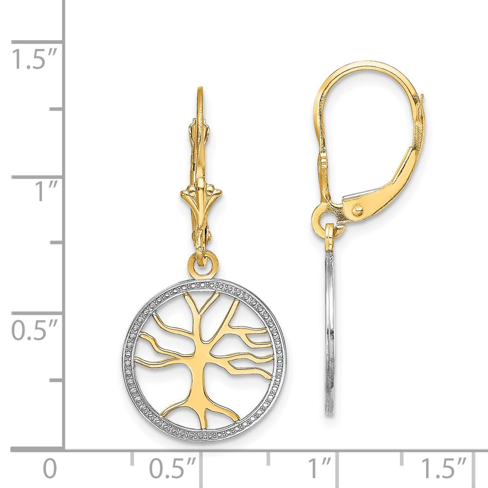 14k Yellow & Rhodium 14.95 mm Tree of Life w/ RH Round Frame Leverback Earrings (2.23 grams)