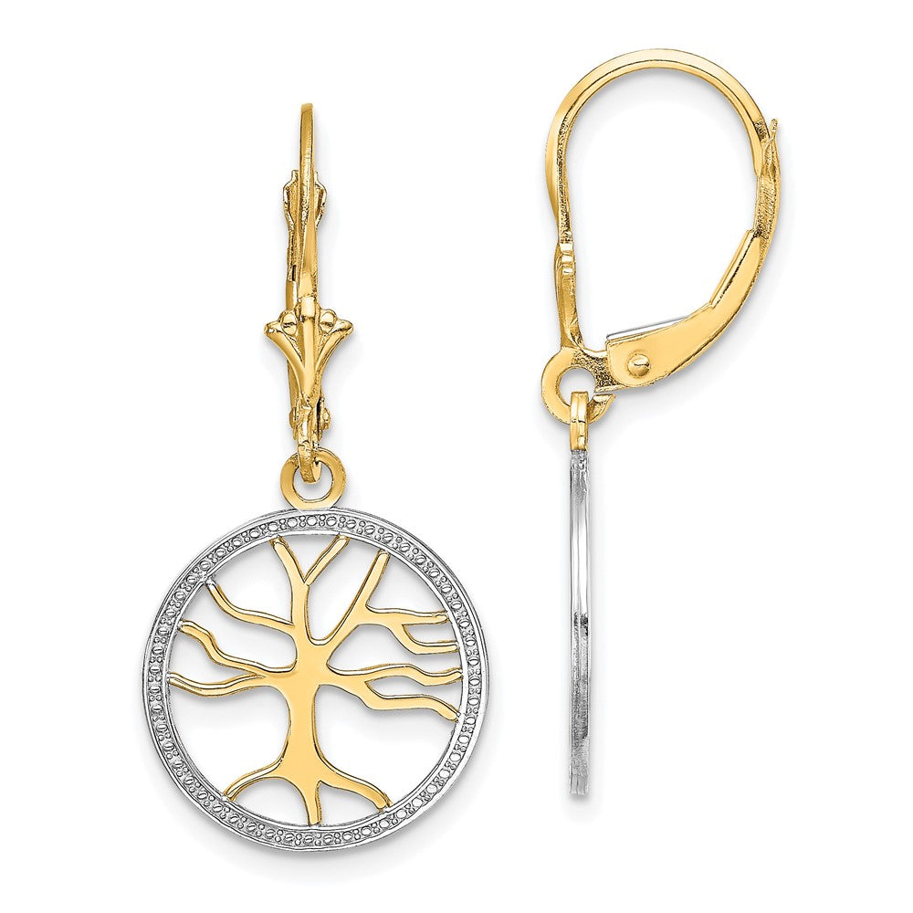 14k Yellow & Rhodium 14.95 mm Tree of Life w/ RH Round Frame Leverback Earrings (2.23 grams)