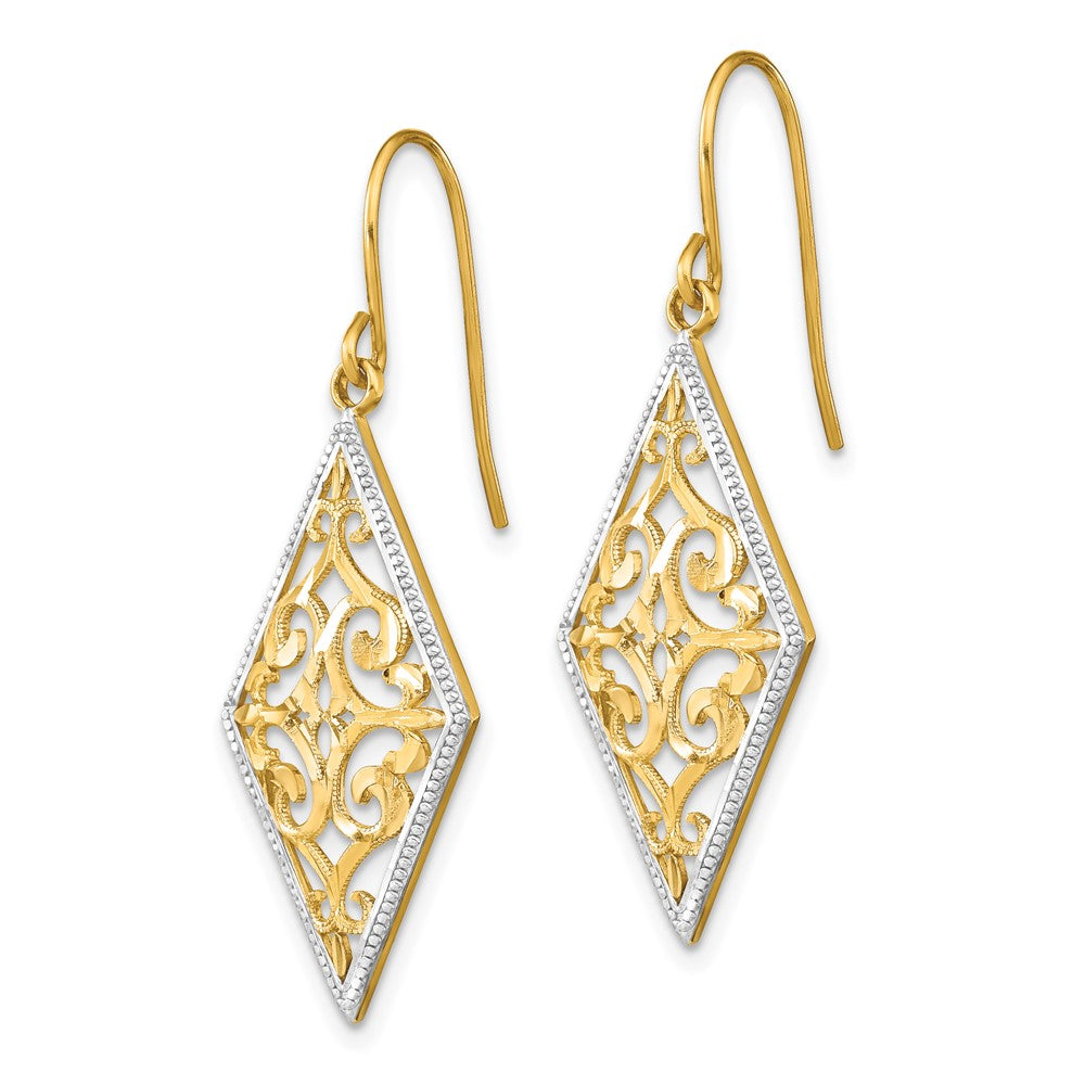 14k Yellow & Rhodium 14 mm  Diamond Shape Filigree Dangle Earrings (2.64 grams)