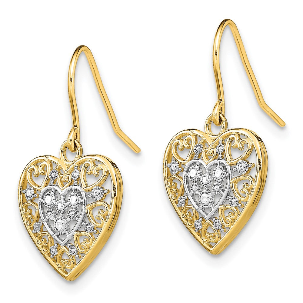 14k Yellow & Rhodium 13 mm  Polished Filigree Hearts Shepherd Hook Earrings (1.39 grams)