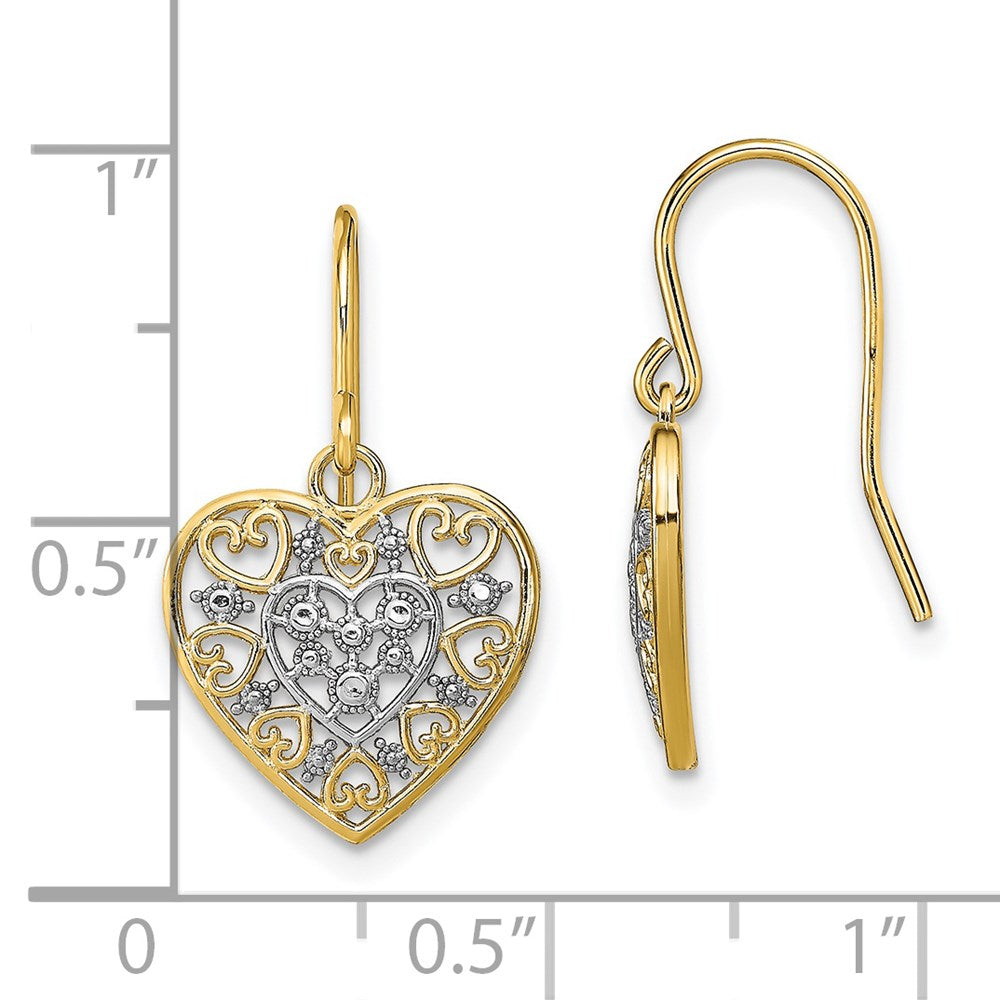 14k Yellow & Rhodium 13 mm  Polished Filigree Hearts Shepherd Hook Earrings (1.39 grams)