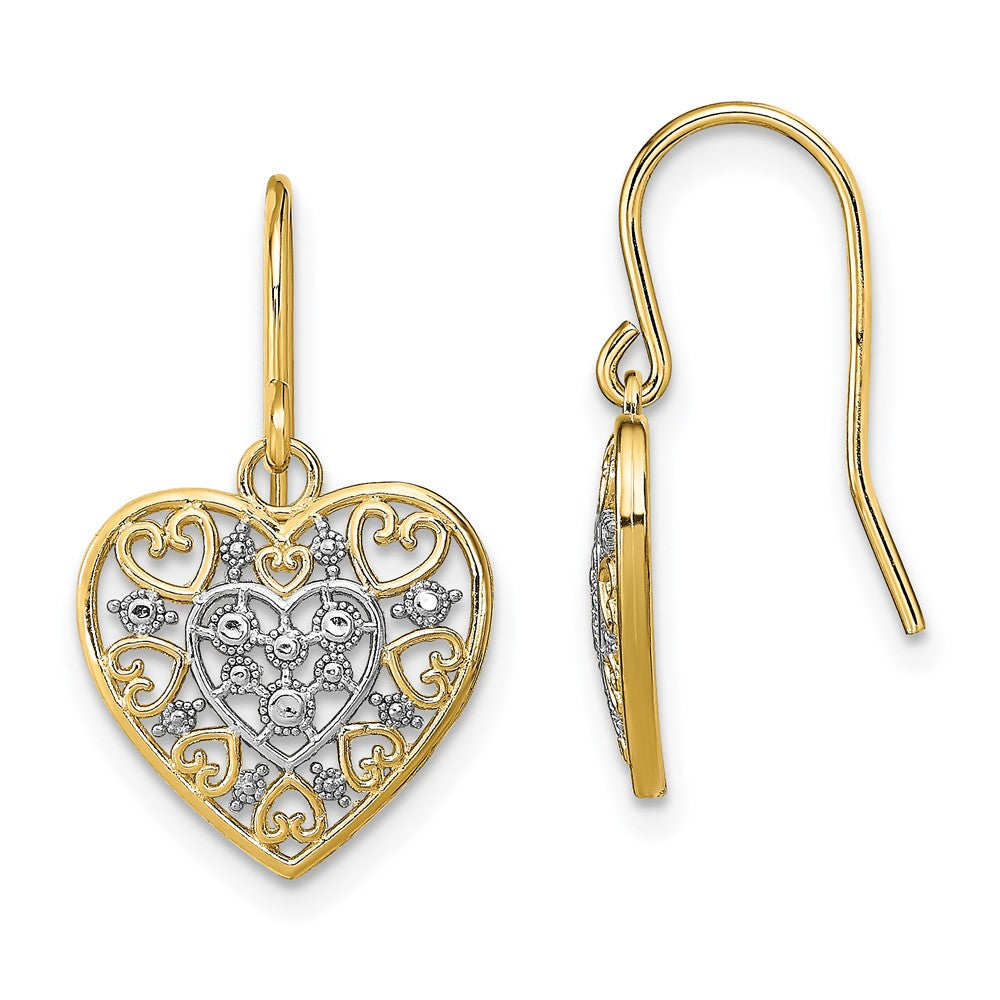 14k Yellow & Rhodium 13 mm  Polished Filigree Hearts Shepherd Hook Earrings (1.39 grams)